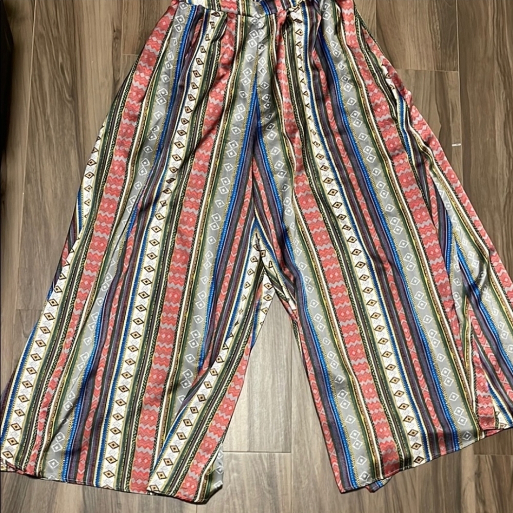 Garcia Palazzo Pants Wide Leg High Rise Pant Striped Multicolor Satin Boho  L